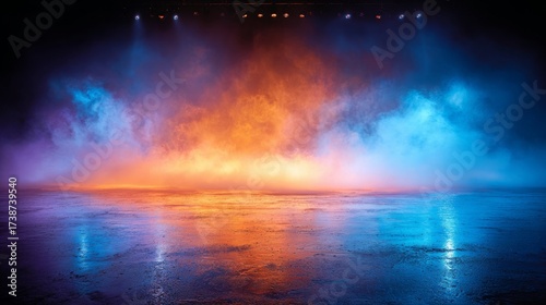 Mystical mist. Swirling smoke in dark and light symphony. Fluid fantasia. Abstract dance of fog and light on the floor with a black background. Panoramic view of the abstract fog.