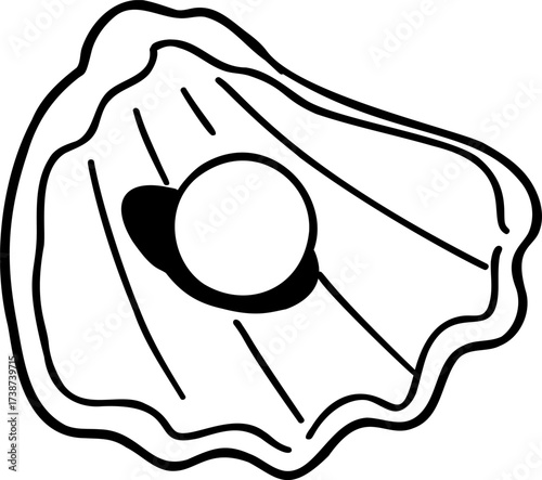 Black and white outline of a seashell with a pearl inside