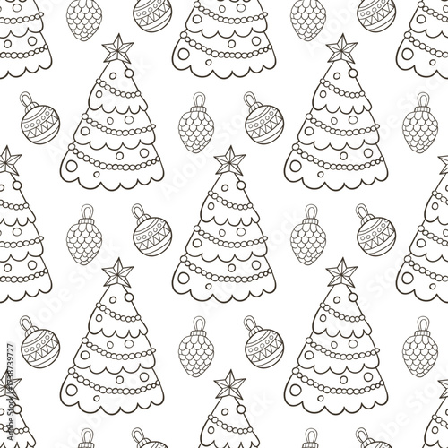 Black and white seamless pattern of Christmas trees and ornaments