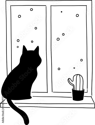 Black cat and potted cactus on windowsill
