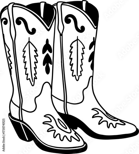 Black and white illustration of two cowboy boots