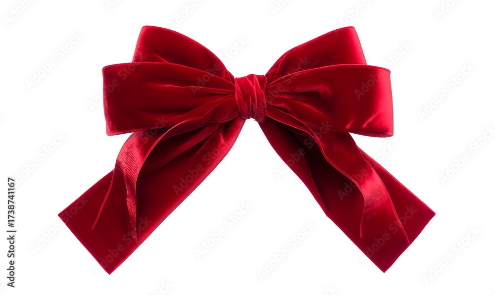 Fototapeta premium Classic holiday decoration ribbon bow oversized in velvet red with pointed ribbon ends isolated on white