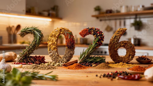 Year 2026 formed with spices on a kitchen counter in warm lighting