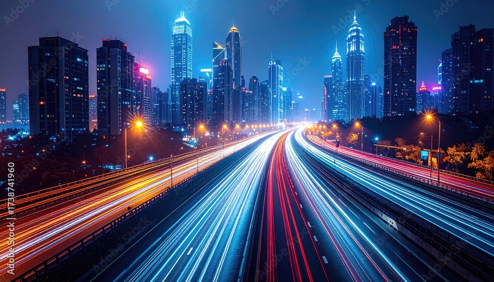 Fototapeta premium Long Exposure Nightscape of Cityscape with Light Trails and Tall Buildings Glowing Under Dark Sky in a Bustling Urban Setting at Nighttime
