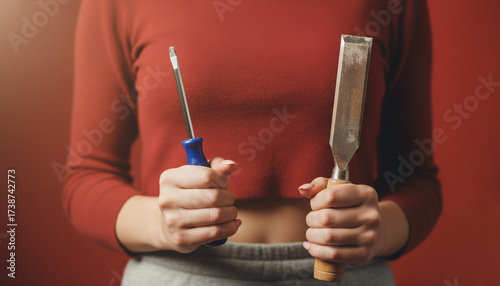 Wallpaper Mural Ready to create and build: female hands with a screwdriver and a chisel on a red background Torontodigital.ca