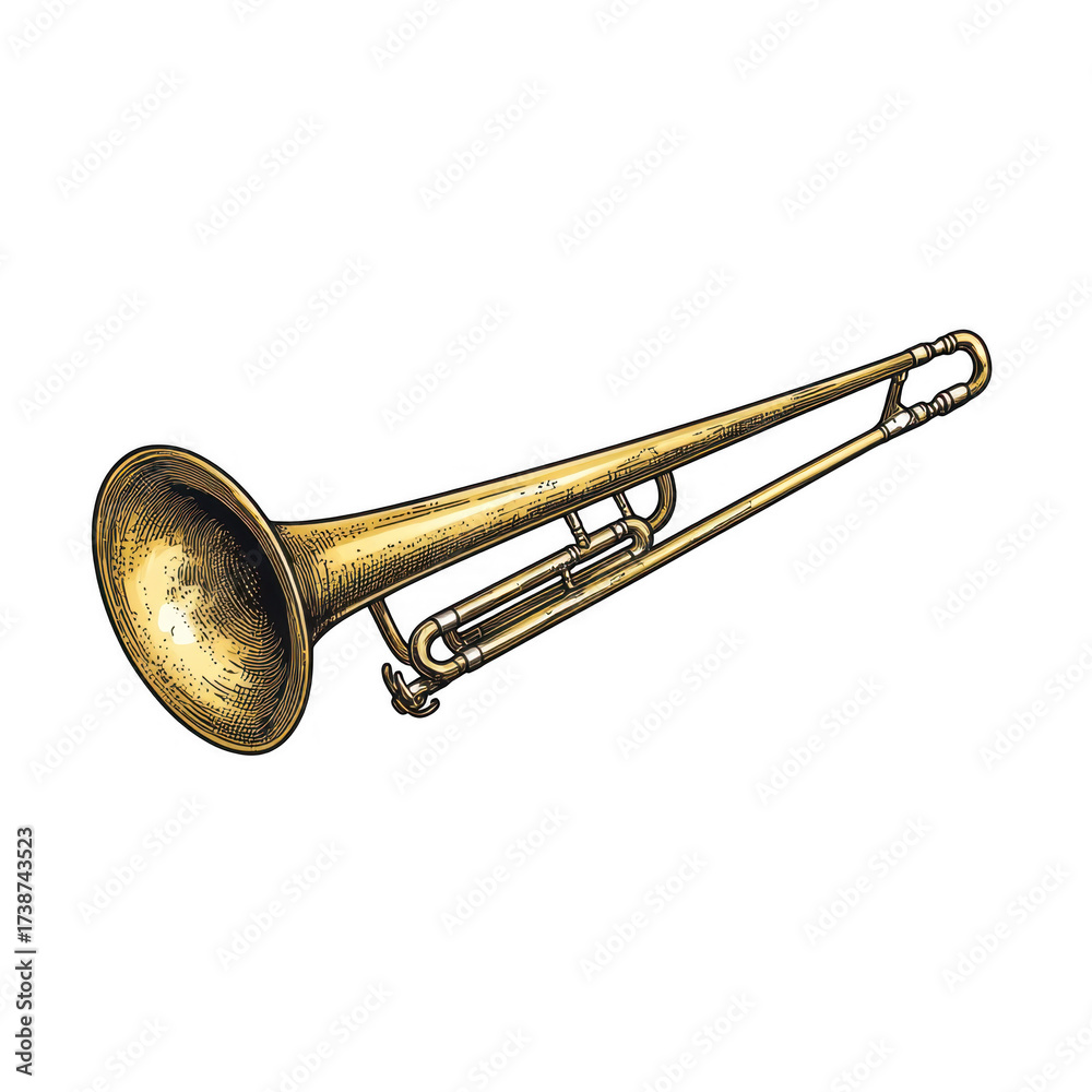 Obraz premium Engraving of Trombone in Detailed Style Showcasing Musical Instrument Artistry, isolated on transparent background.