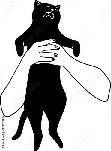 Black cat with wide open mouth being hugged by two hands
