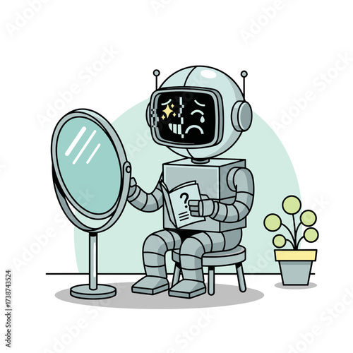 The robot looks in the mirror, trying to change its emotions, sitting on a chair and holding a book in its hands