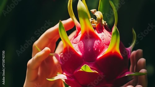 Hands Gently Caress Vibrant, Dewy Dragon Fruit in Lush Tropical Setting, Highlighting Freshness