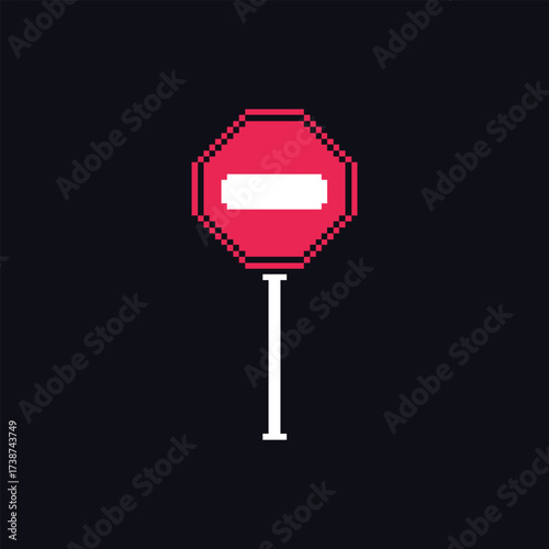this is do not enter sign in pixel art with red color with black background this item good for presentations,stickers, icons, t shirt design,game asset,logo and your project.