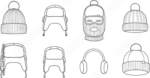 Winter headwear outline set. Vector collection of warm hats for cold weather.
