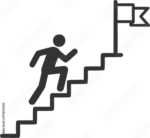 Outline figure climbing stairs toward goal flag symbolizing personal progress and achievement
