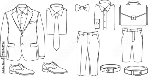 Men's Business Attire Outline Set. Continuous Line Drawing of Professional Clothing Items for Men Vector Illustration for Fashion and Corporate Style.
