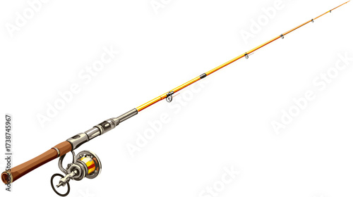 A fishing rod with a reel, ready for angling. The rod's yellow shaft is equipped with guides, leading to a wooden handle and reel.