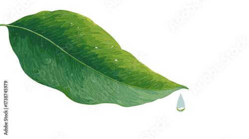 A vibrant green leaf, beaded with water droplets, gracefully shedding a single drop, symbolizing freshness and nature's cycle.