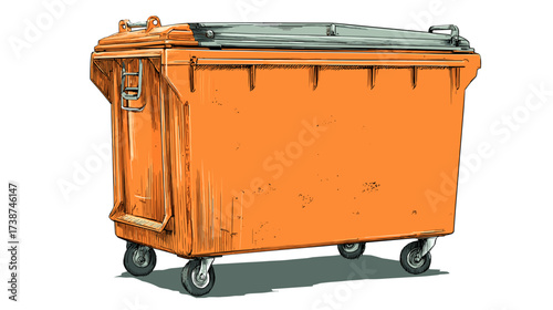 Illustrated orange dumpster with gray lid and black background, showcasing waste management or garbage collection infrastructure.