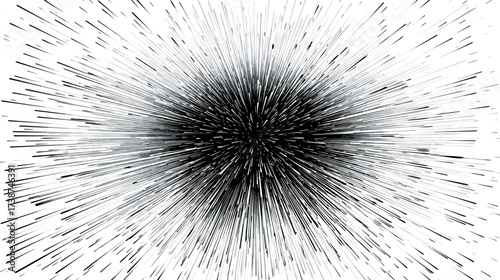 Abstract monochrome burst of light streaks from a dark center. Lines extend outward creating a dynamic, radial pattern against the black backdrop.