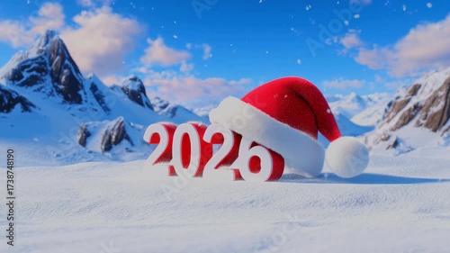 Red 2026 numbers and santa hat on snowy field with mountains in background under blue sky. 4K video