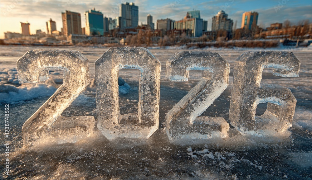 Fototapeta premium Icy 2026 Sculpture Shines on Frozen Surface with Cityscape Backdrop at Sunset