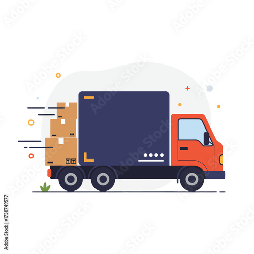 Vector illustration of a delivery cargo truck with simplified shapes, minimal flat style, commercial color palette, balanced composition, isolated clean background, business logistics theme
