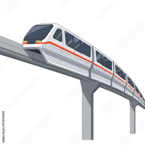 Detailed vector flat artwork of a futuristic monorail system with sleek aerodynamic cabins, dynamic perspective view, isolated clean background, technology and innovation transport theme
