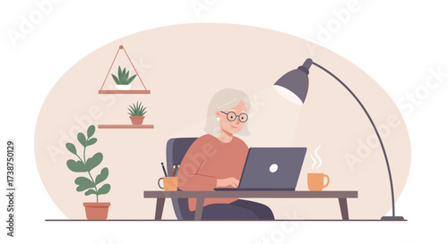 Flat 2D vector of freelancer working from home at desk with laptop, coffee, and plants, cozy home office environment, minimal style