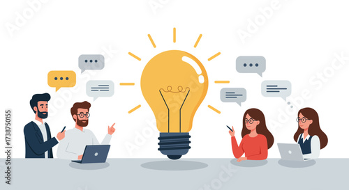 Flat 2D vector illustration of diverse business team brainstorming ideas around a big lightbulb in modern office, minimal background, clean composition