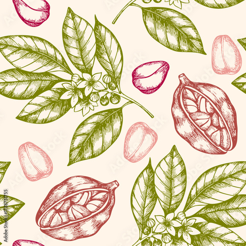 Botanical pattern with cocoa pods leaves flowers and fruit slices