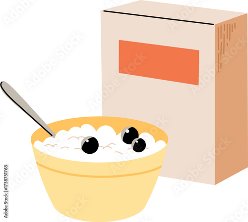 Bowl of cereal with blueberries and a cereal box