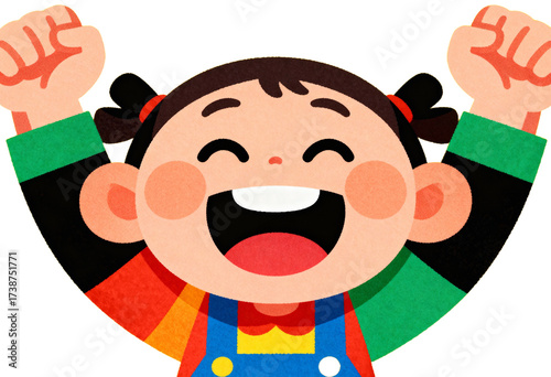 Joyful cartoon child celebrating with raised fists and a wide smile, transparent background png