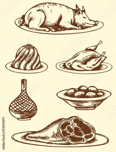 Brown sketch of various dishes including a whole pig chicken and ham