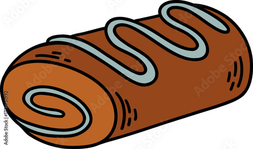 Brown swiss roll cake with light blue frosting swirls