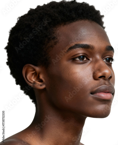 A young person with natural skin and short curly hair looking to the side, transparent background png