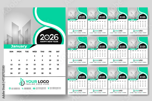 Modern 2026 wall and desk calendar template design, yearly and monthly planner, printable corporate calendar layout for business planning,  agenda, office organization and promotional material
