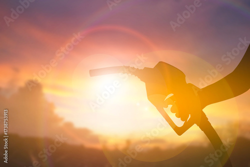 Hand Holding Fuel Dispenser Nozzle with Sunset Light
