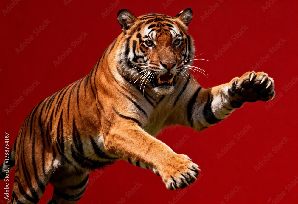 Obraz premium Powerful striped tiger captured mid-air in a dynamic pounce