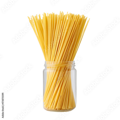 Raw uncooked spaghetti pasta standing upright in a glass jar isolated on a white background for culinary and food-related concepts