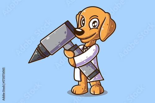Cartoon dog in lab coat holds a large grey drill
