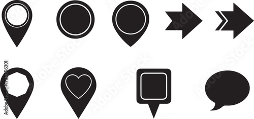 Minimalist location and direction icon set – black-and-white collection of 8 unique pins, arrows, and speech bubbles for navigation, UI design, and geolocation branding.