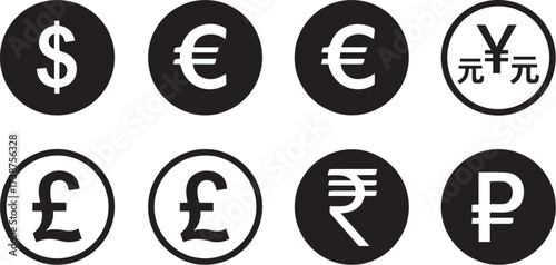Minimalist currency icon set – black-and-white silhouettes of global money symbols including dollar, euro, pound, rupee, yuan, and ruble for finance, trade, and economic design.