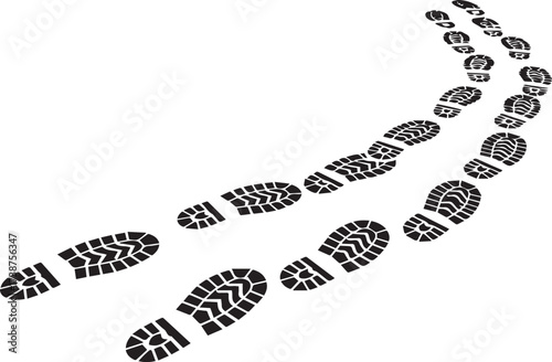 Minimalist boot print trail icon – black-and-white silhouettes of rugged footprints in motion for outdoor themes, tracking visuals, and navigation design.