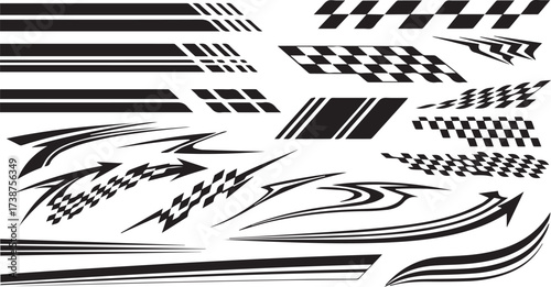 Minimalist racing decal icon set – black-and-white silhouettes of arrows, checkered flags, and speed lines for automotive design, sports branding, and dynamic visuals.