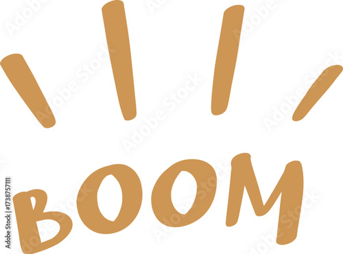 Brown text BOOM with scattered vertical lines