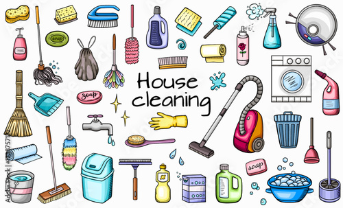 Cartoon illustration of various house cleaning supplies and tools