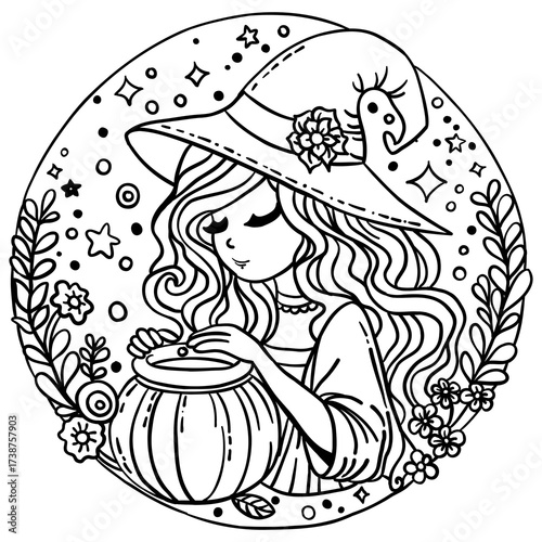 Witch with cauldron and magic potions Hand drawn vector. Black and white lineart