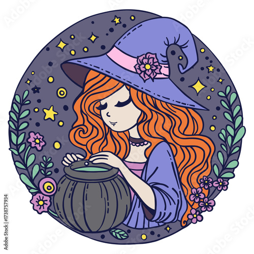 Witch with cauldron and magic potions Hand drawn vector 
