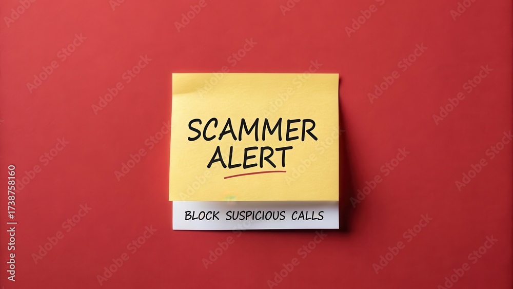 Obraz premium A yellow sticky note with a scam alert message on a red background