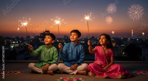 Two boys and a girl celebrate Diwali with sparklers and fireworks at sunset. Children's festival joy for holiday advertisement.
