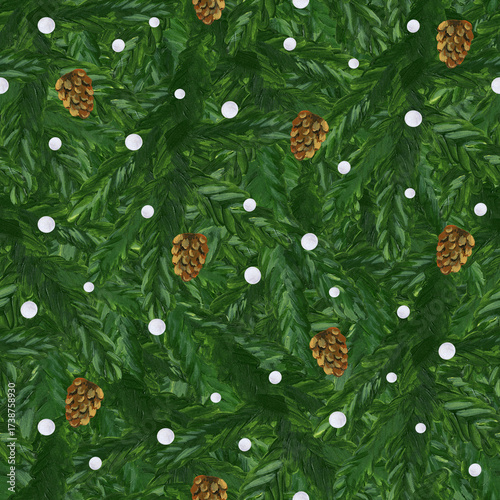 Hand-painted Christmas tree seamless pattern with pine cones and snow.