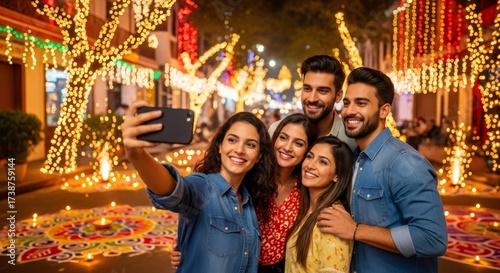 Four young adults taking a selfie during Diwali celebration. Group of friends enjoying festival of lights with traditional decorations and rangoli.